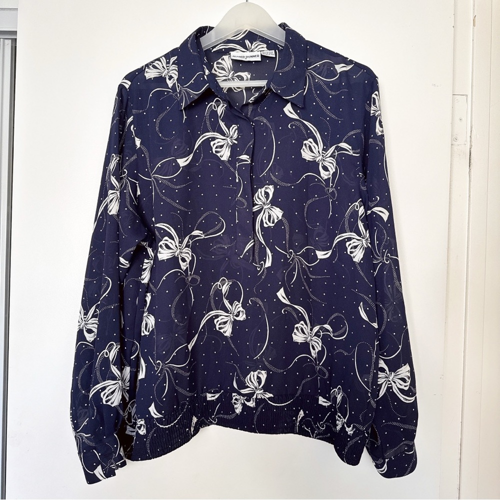 Vintage Navy and White Bow Print Blouse Size L